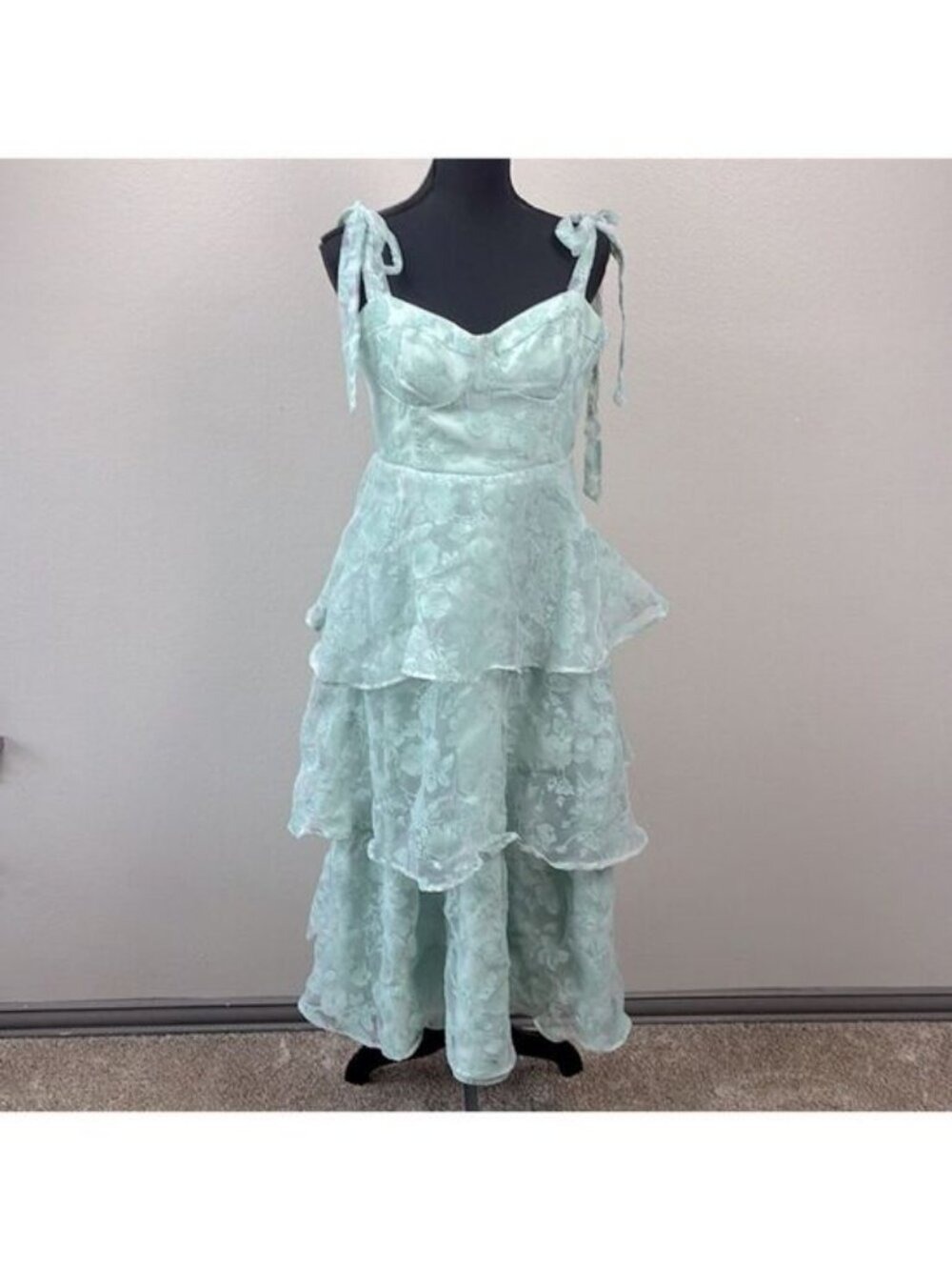 Lulus Glamorous Sweetie Sage Green Burnout Floral Bustier Midi Dress L - Picture 4 of 9